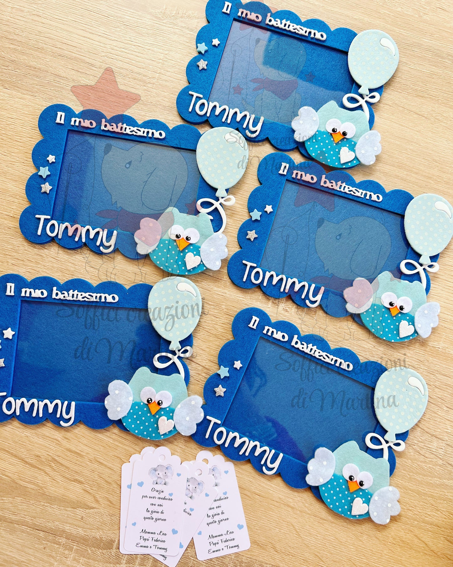 Cornice porta foto in feltro blu con decorazione gufo