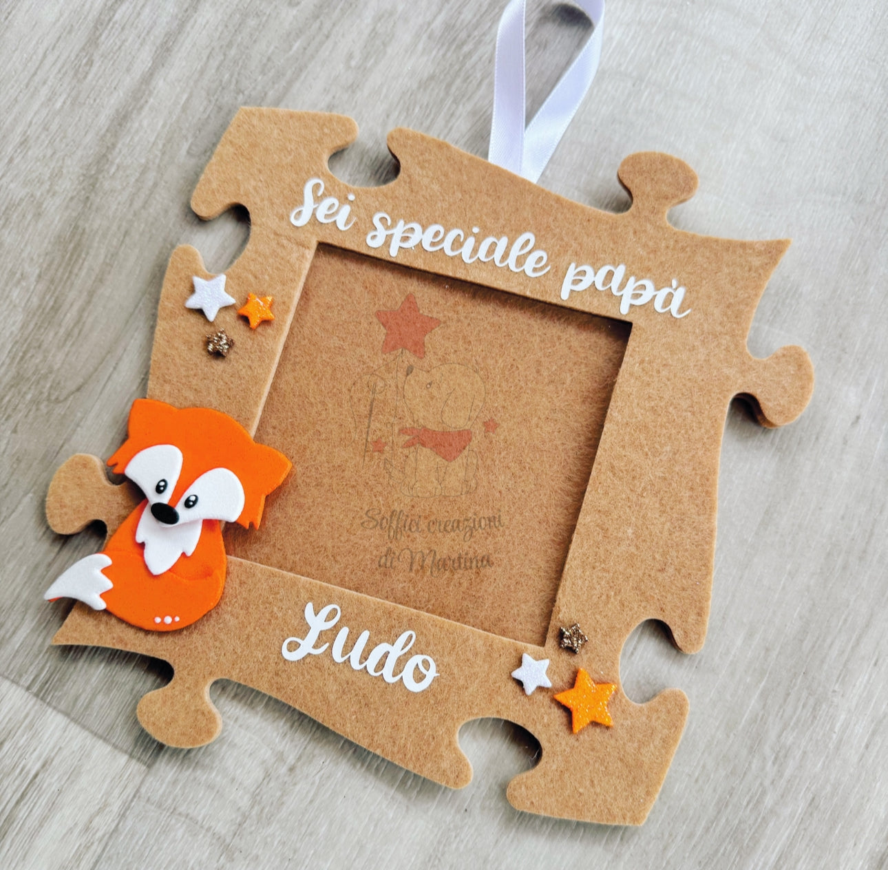 Cornice portafoto a forma di puzzle con frase