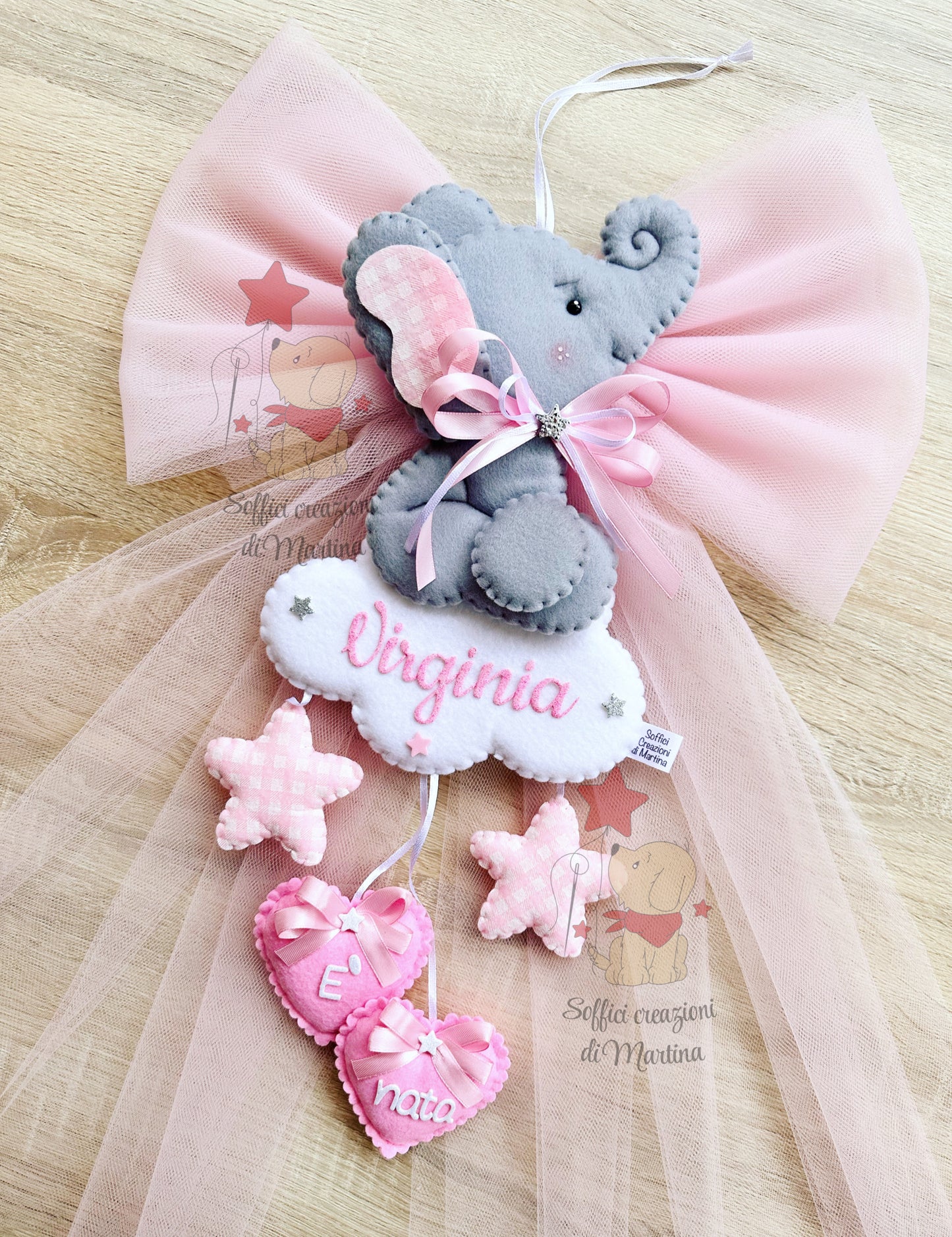 Fiocco nascita con elefantino in pannolenci