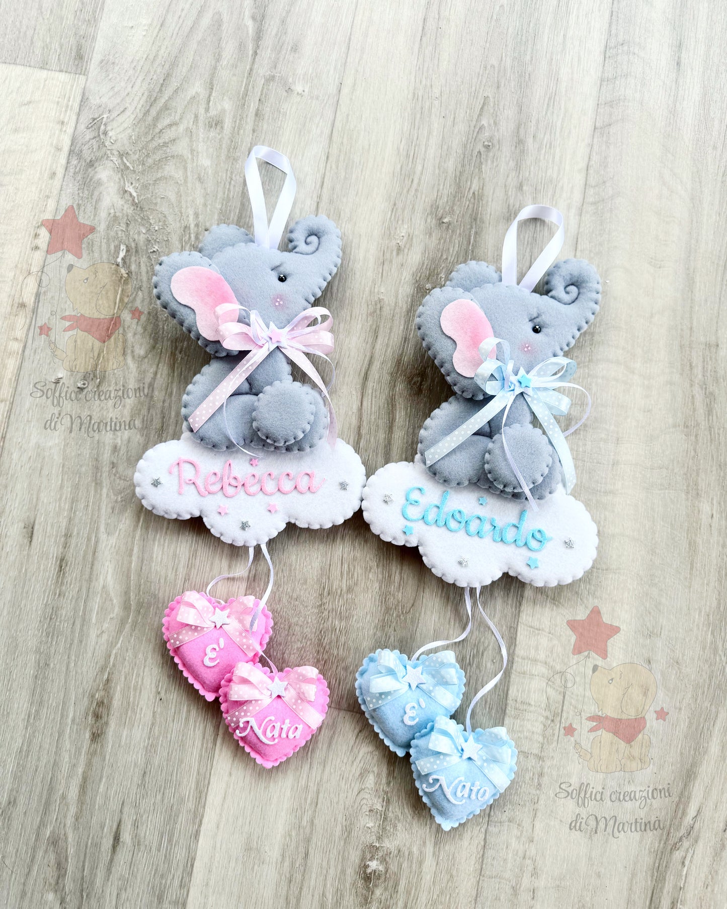 Fiocco nascita con elefantino in pannolenci