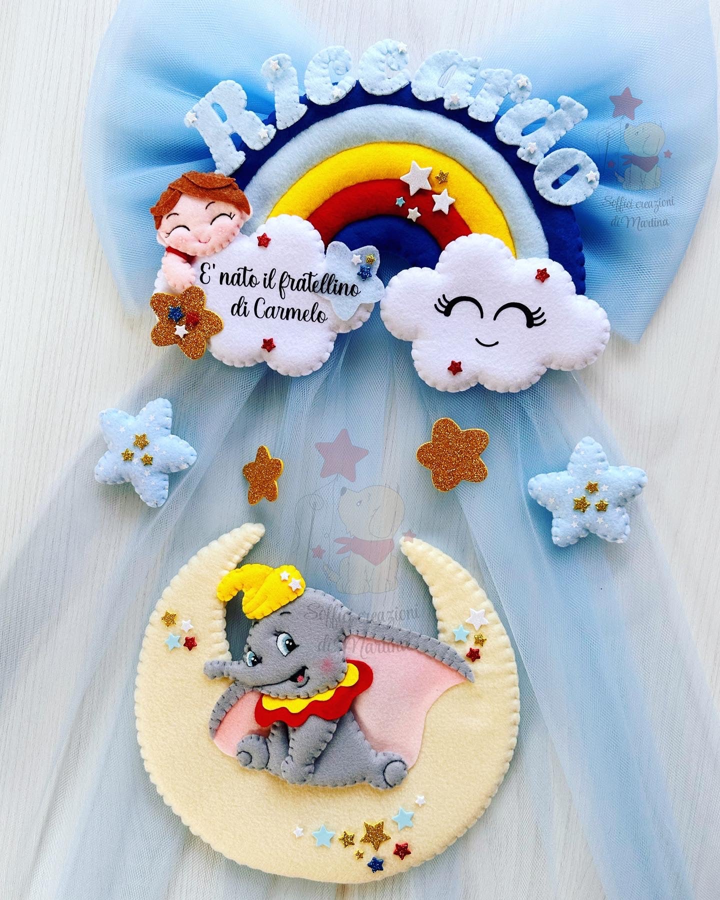 Fiocco nascita con Dumbo e arcobaleno