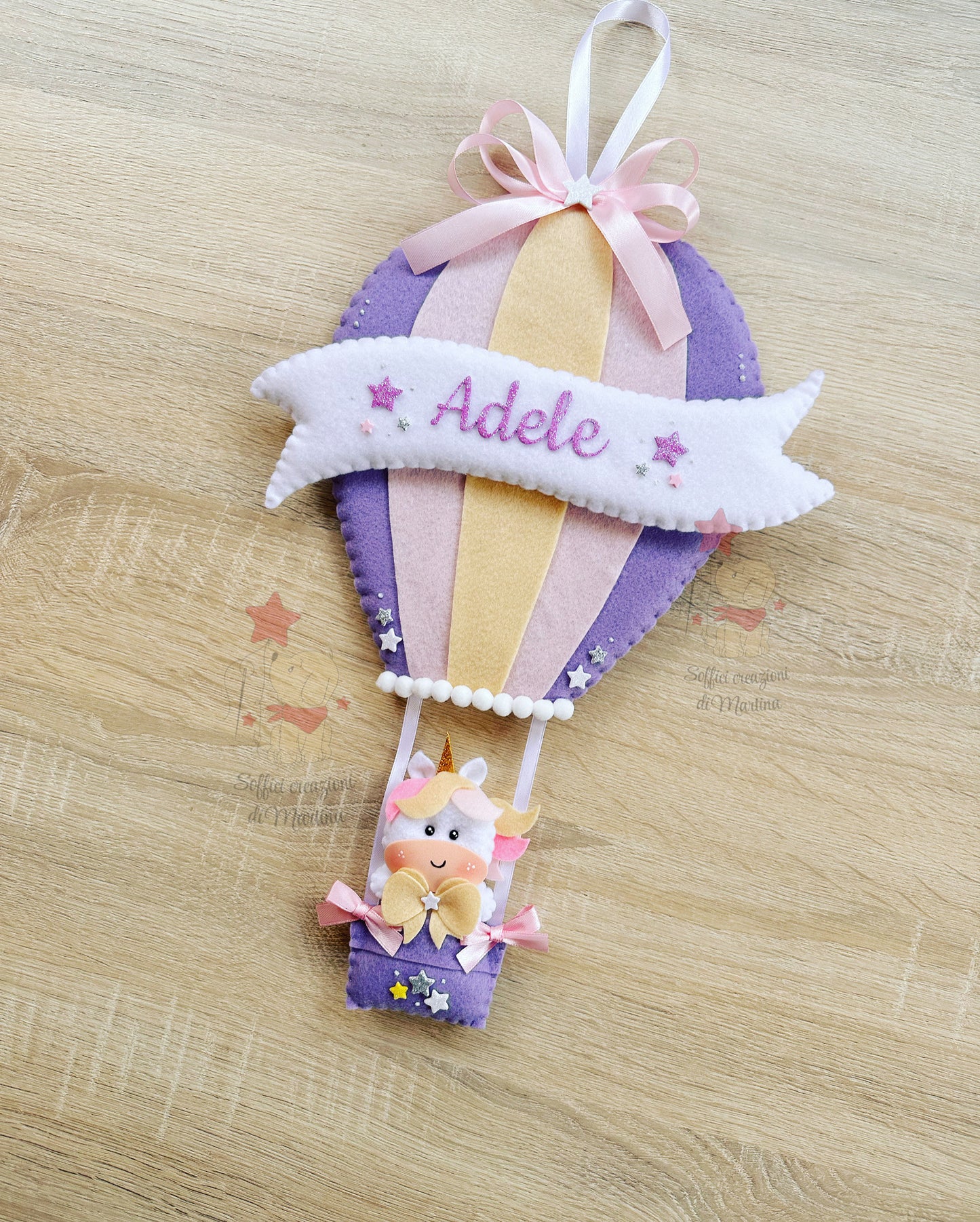 Fiocco nascita mongolfiera con banner nome e unicorno