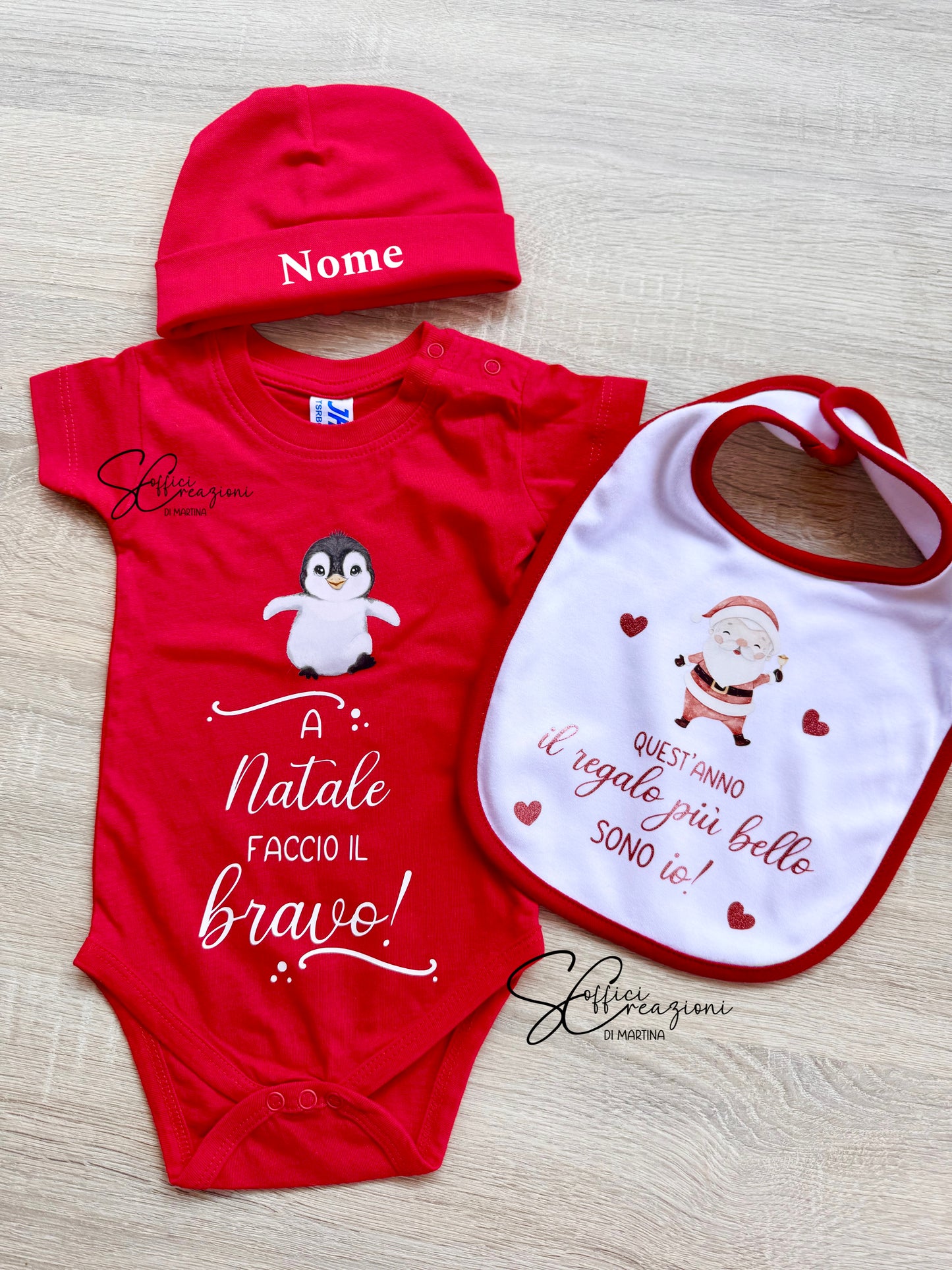 Set body bavaglino e cappellino natalizio