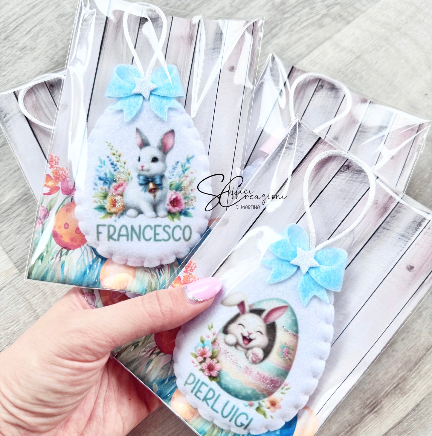Ovetti da appendere con nome e disegni pasquali