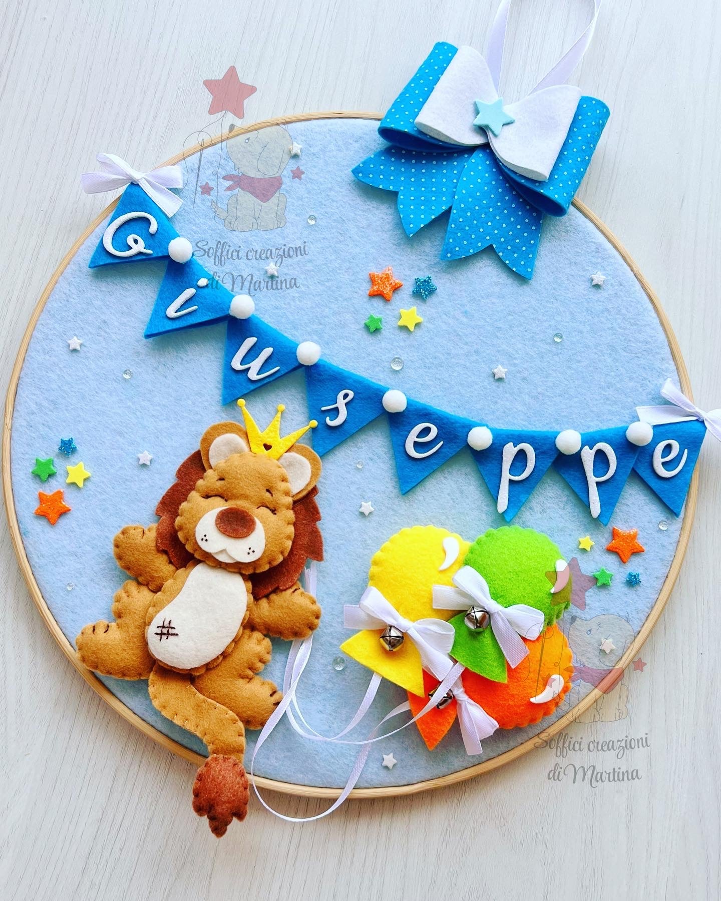 Fiocco nascita con telaio e leoncino