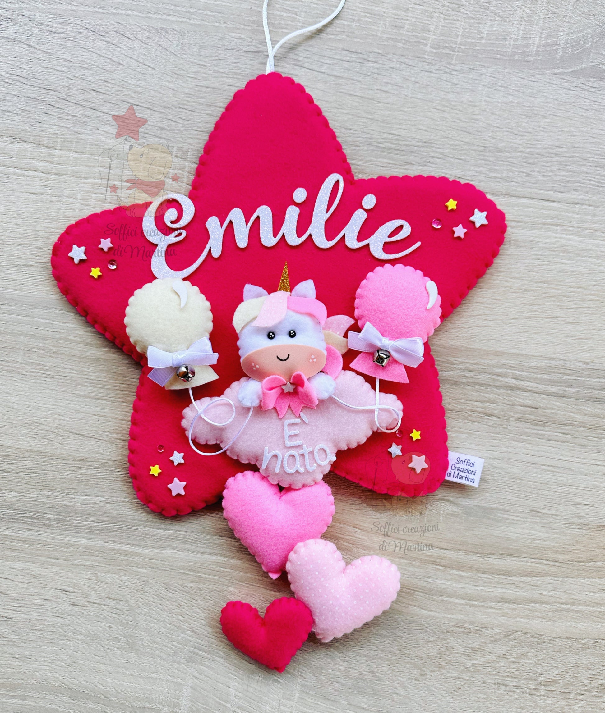 Fiocco nascita stella fuxia con unicorno 