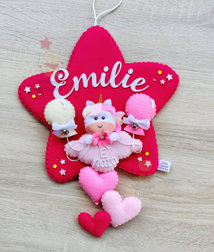 Fiocco nascita stella fuxia con unicorno 